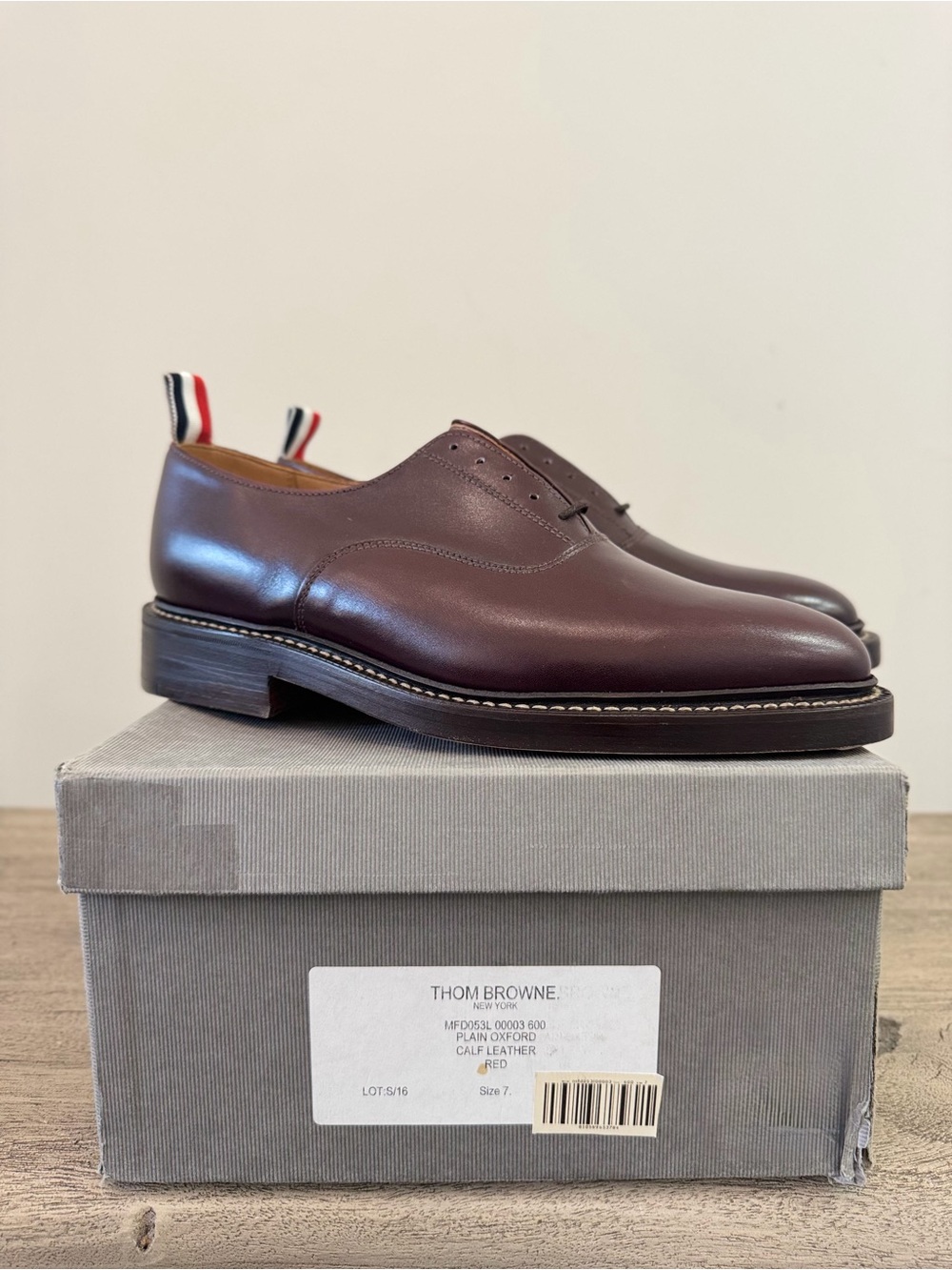 Thom Browne Burgundy Leather Plain Derby Shoes with Tricolor Heel Loop